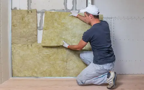 Un hombre instala aislamiento en una pared para combatir el frío en casa.