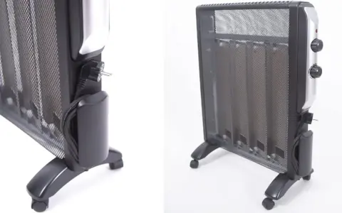 Radiador de mica portátil con ruedas y cable de alimentación. Ideal para calentar espacios.