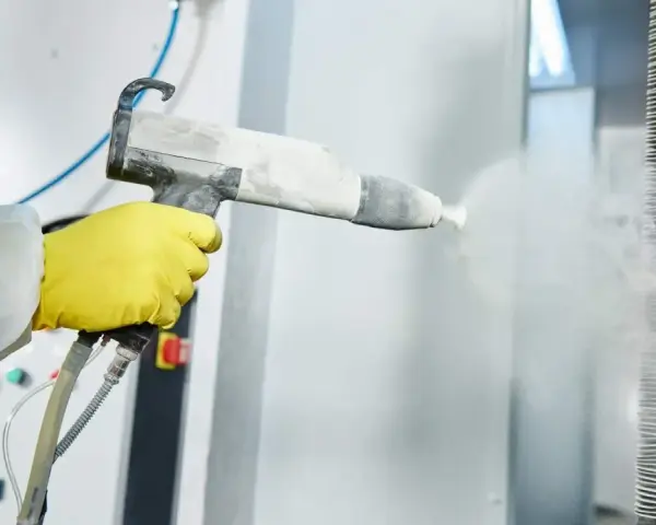 Proceso de quitar pintura de metal con pistola de chorro de arena.