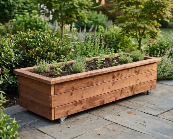 Jardinera de madera con ruedas, ideal para aprender como hacer una jardinera de madera y cultivar hierbas aromáticas en tu patio.