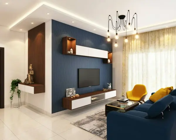 Salón moderno con pared de acento azul con relieve, combinando papel pintado y pintura. Mueble flotante con TV y decoración.