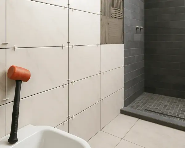 Martillo de goma junto a azulejos listos para alicatar baño. Ducha con azulejos oscuros al fondo.