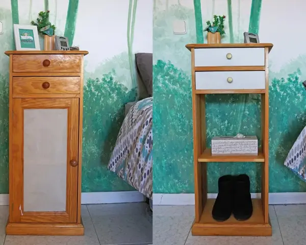 Ideas para pintar mesitas de noche: antes y después de renovar un mueble de madera con cajones y puertas, junto a una cama.