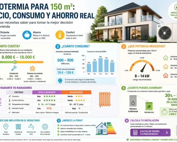 Infografía sobre aerotermia: coste, consumo y ahorro para una vivienda de 150 m². Explica qué es la aerotermia, su potencia, consumo y ahorro.