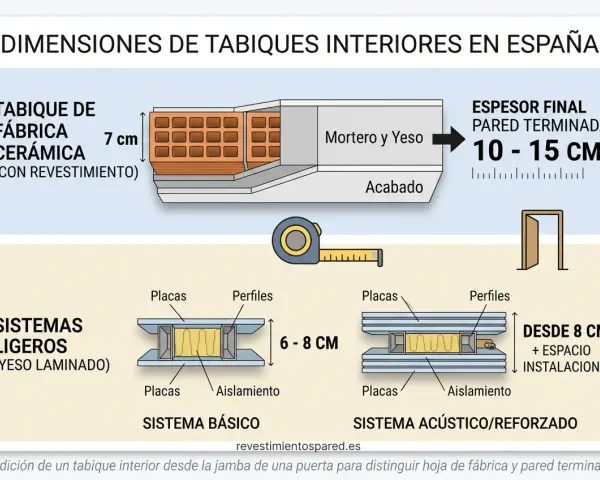 Ilustración compara tipos de tabiques interiores: cerámica (10-15 cm) y sistemas ligeros (6-8 cm).