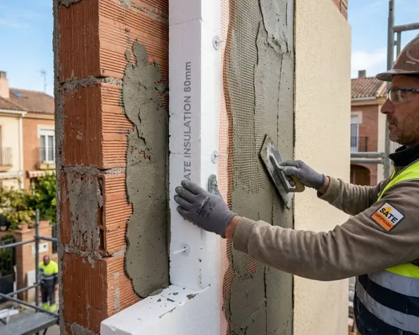 Obrero aplica mortero sobre aislamiento térmico en fachadas. El material SATE mejora la eficiencia energética.