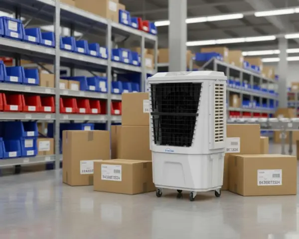 Un climatizador evaporativo blanco con ruedas, rodeado de cajas de cartón y estanterías con contenedores azules y rojos en un almacén.