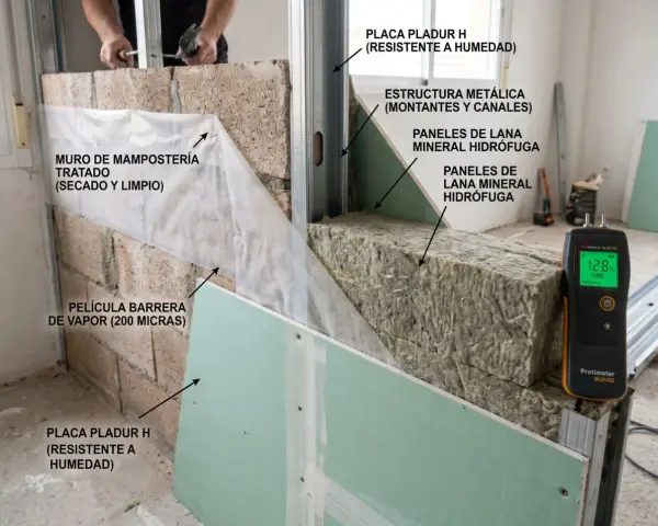 Detalle de cómo aislar una pared ya construida con lana mineral, barrera de vapor y placas de yeso laminado.