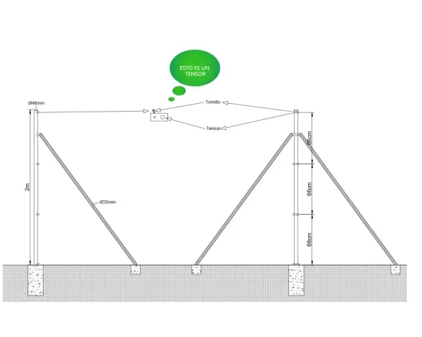 Diagrama de instalación de vallas metálicas con postes de 2m y soportes angulares. Incluye tensor y tornillo.