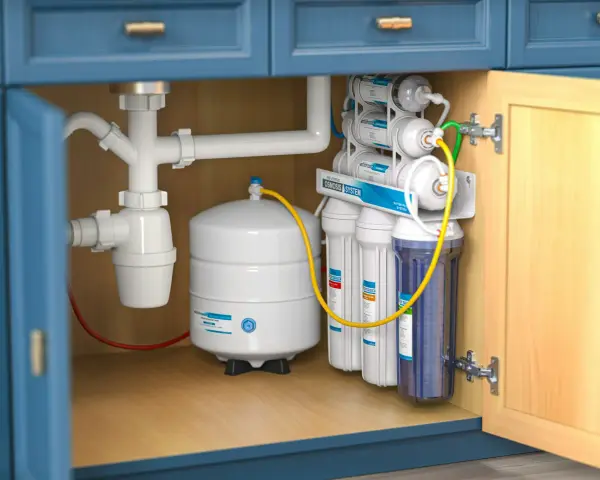 Sistema de ósmosis inversa instalado bajo el fregadero. Un tanque blanco y varios filtros de agua listos para instalar osmosis en casa.