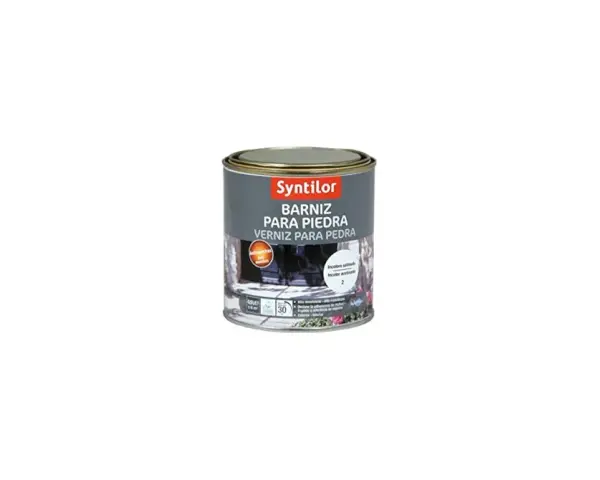 Lata de barniz para piedra Syntilor, ideal para proteger y embellecer superficies exteriores e interiores.