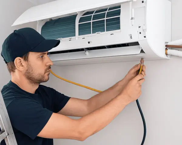 Técnico con gorra azul trabajando en la instalación de un aire acondicionado, conectando mangueras a la unidad interior.