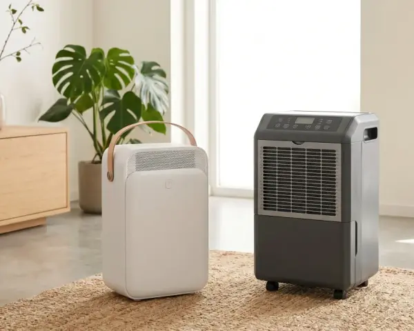 Dos tipos de deshumidificadores, uno blanco y portátil con asa de madera, otro gris con ruedas, en una sala de estar moderna.