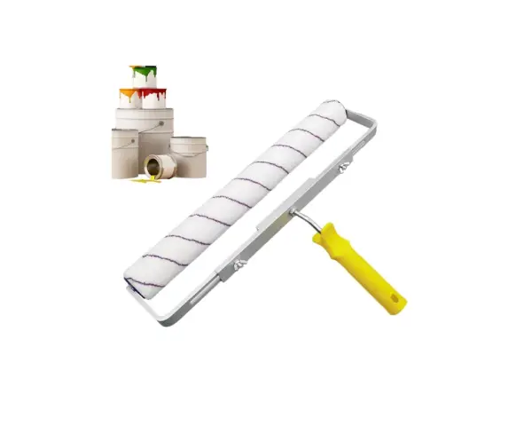 Rodillo de pintura blanco con rayas púrpuras y mango amarillo, junto a cubos de pintura. Explora los tipos de rodillos para pintar.