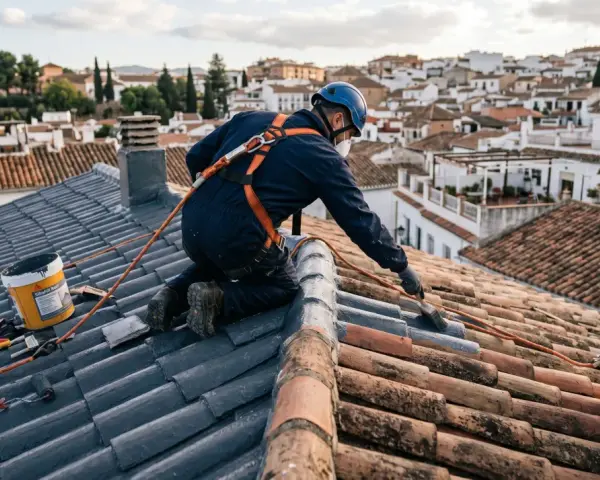 Trabajador realiza impermeabilización de tejados con pintura especial. Se ve equipo de seguridad y materiales.