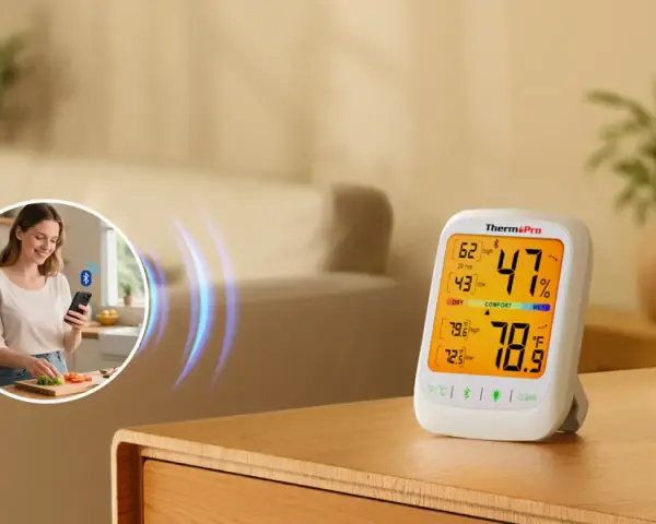 Un higrómetro digital muestra 47% de humedad y 78.9°F. Una mujer sonríe usando su teléfono en la cocina.