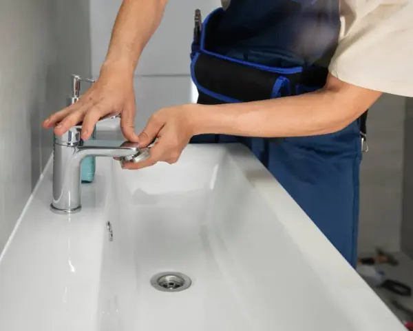 Man con mono azul trabajando para cambiar grifo lavabo. Manos ajustando la base del grifo cromado sobre el lavabo blanco.