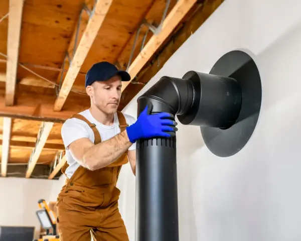 Instalador con guantes azules ensambla tubería negra para chimenea. Guía visual sobre como hacer una chimenea de obra.