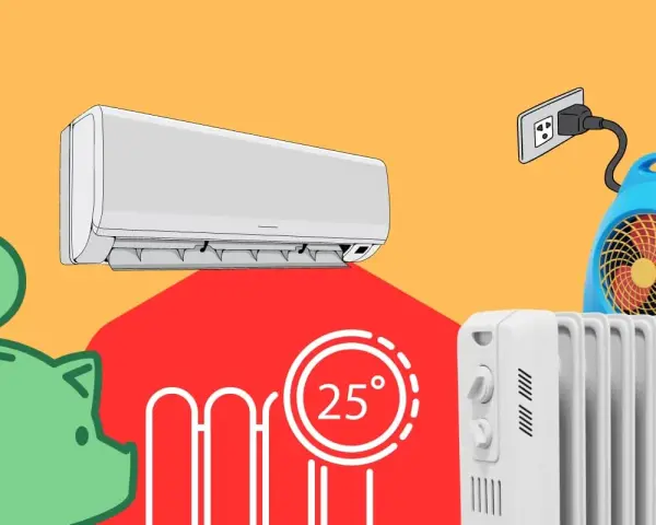 Ahorra dinero con una calefacción eléctrica más eficiente. Un hucha con un dólar, un aire acondicionado y un radiador.