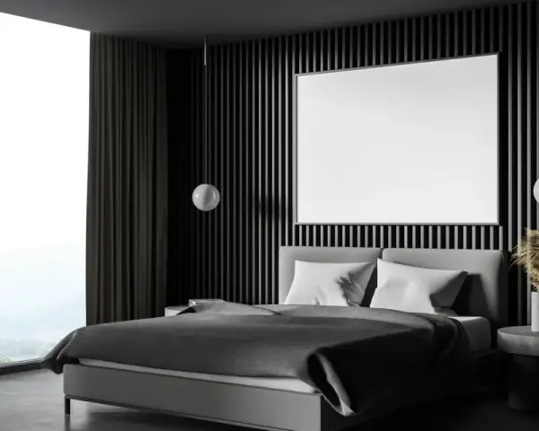Habitación moderna con cama gris, ventanal y pared acanalada. Ideas para como insonorizar una habitacion con materiales acústicos.