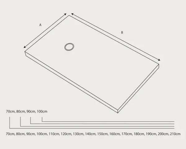 Diagrama de plato de ducha con flechas indicando las medidas A (70-100cm) y B (70-210cm).