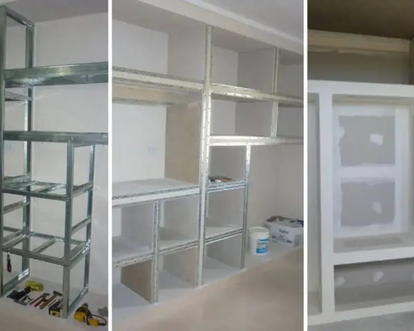 Construcción de un armario de pladur con estructura metálica y estantes. Se muestra el proceso desde el armazón hasta el acabado.