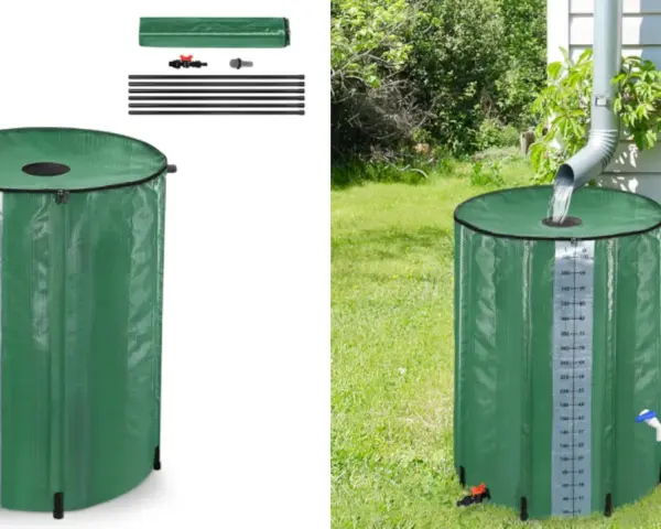 Inventos para recoger agua de lluvia: barril verde plegable con medidor de capacidad, ideal para jardines.