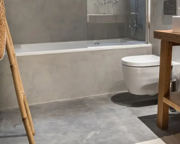 Baño moderno con bañera, inodoro suspendido y lavabo de madera. ¿Cuánto cuesta cambiar bañera por plato de ducha?