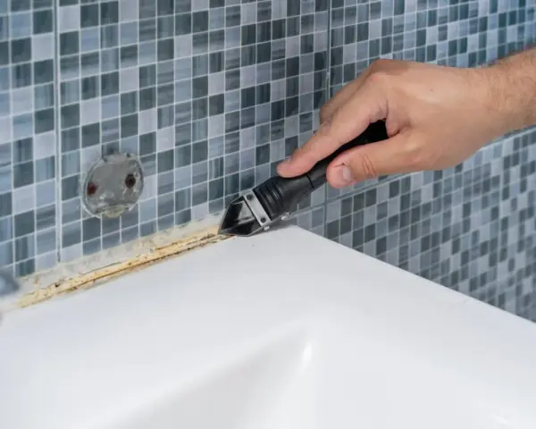 Mano usando una espátula para quitar silicona vieja y sucia de la bañera.