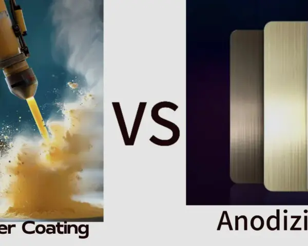 Proceso de pintar aluminio con recubrimiento en polvo versus anodizado, mostrando la aplicación de pintura y muestras de aluminio anodizado.