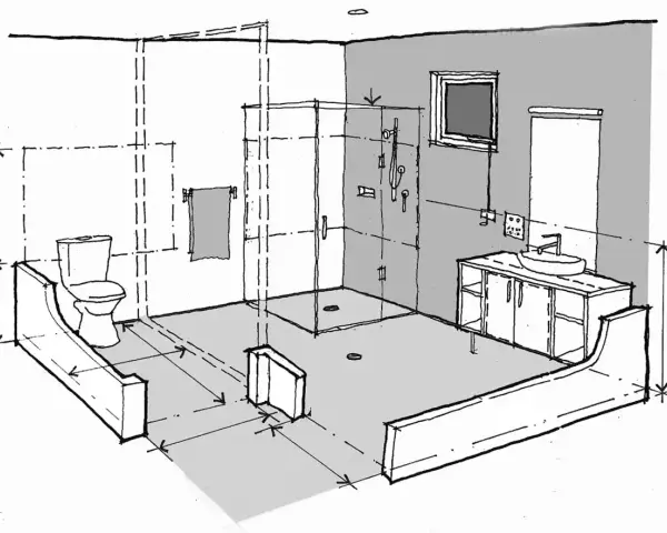 Boceto de un baño moderno con ducha, inodoro y lavabo. Se aprecian las medidas para la instalacion fontaneria baño.