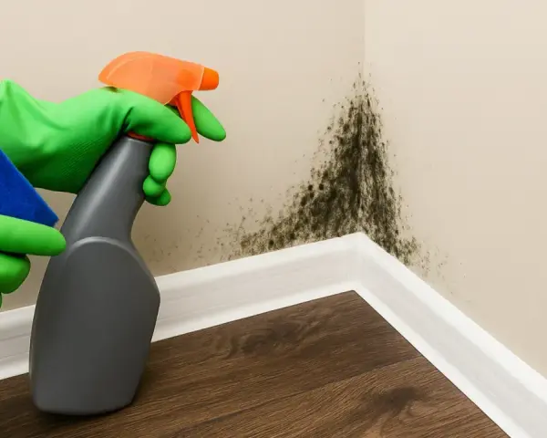 Manos con guantes verdes rociando y limpiando moho negro en la esquina de una pared, buscando quitar moho pared definitivamente.