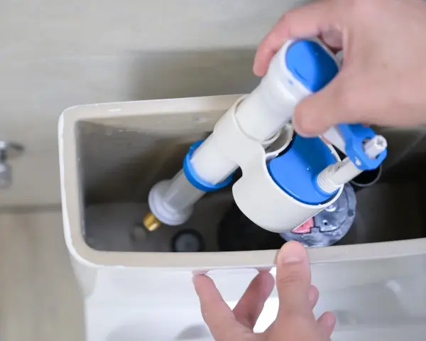 Mano instalando un nuevo mecanismo de descarga para cambiar la cisterna del inodoro.
