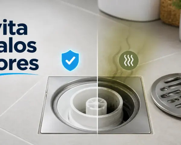 Comparativa de tipos de bote sifónico: uno limpio y protegido, y otro con malos olores.