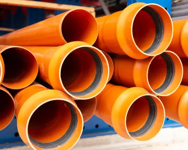 Tubos de PVC naranja apilados, listos para ser instalados en exteriores. Perfectos para proyectos de fontanería y drenaje.