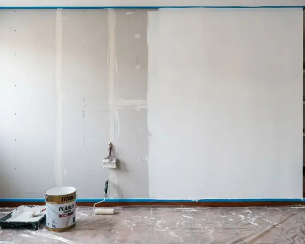 Preparativos para pintar pladur: cinta azul protege el suelo y la pared, cubos de pintura y rodillo listos para transformar la estancia.