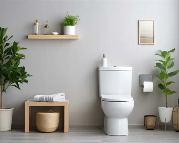Un baño moderno con un inodoro blanco, plantas verdes y un espejo. Se aprecian varios tipos de inodoro en el diseño.