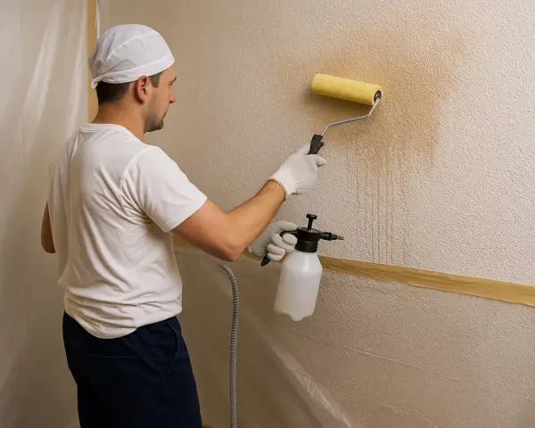 Hombre con rodillo y pulverizador mojando la pared para quitar gotele con agua.