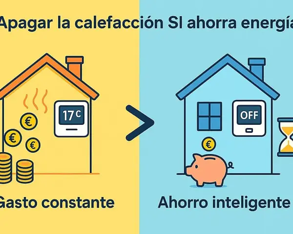 Apagar la calefacción es clave para como calentar una casa económicamente. La imagen muestra una casa con termostato a 17°C y monedas, frente a otra con calefacción apagada, hucha y reloj de arena.