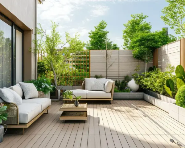 Terraza moderna con sofás, plantas y vallas de madera. Ideal para crear privacidad y como tapar la vista del vecino en terraza.