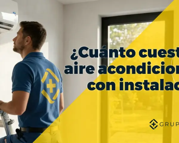 Técnico revisa unidad de aire acondicionado instalada en pared. Texto: "¿Cuánto cuesta un aire acondicionado con instalación?".