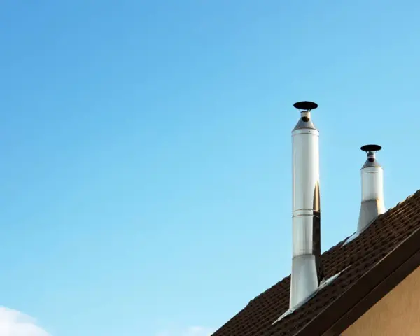 Dos tubos de chimenea metálicos se alzan sobre un tejado marrón contra un cielo azul claro. Es un día perfecto para aprovechar el calor del tubo de chimenea.