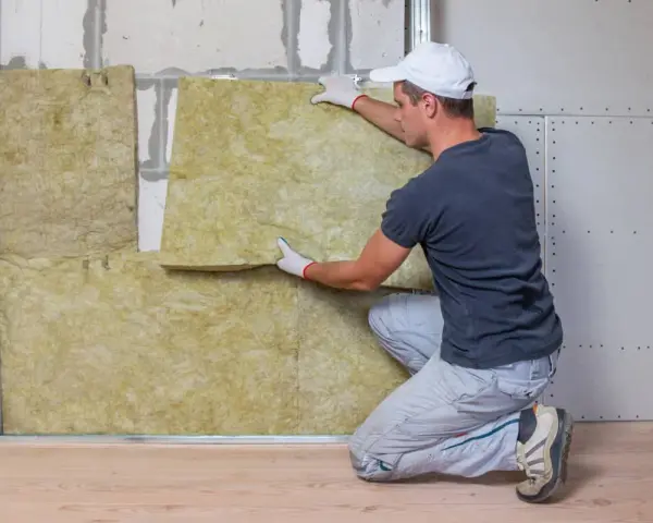 Un hombre instala aislamiento en una pared para combatir el frío en casa.