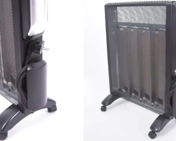 Radiador de mica portátil con ruedas y cable de alimentación. Ideal para calentar espacios.