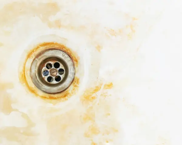 Desagüe de bañera con óxido y manchas amarillas, listo para quitar óxido bañera y pintar.