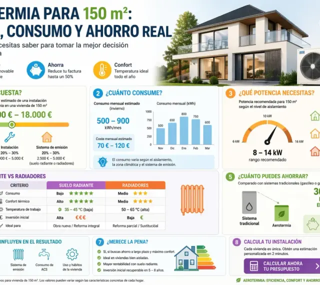 Infografía sobre aerotermia: coste, consumo y ahorro para una vivienda de 150 m². Explica qué es la aerotermia, su potencia, consumo y ahorro.