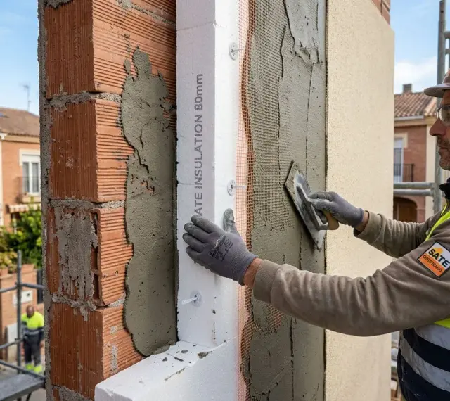Obrero aplica mortero sobre aislamiento térmico en fachadas. El material SATE mejora la eficiencia energética.