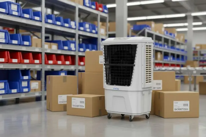Un climatizador evaporativo blanco con ruedas, rodeado de cajas de cartón y estanterías con contenedores azules y rojos en un almacén.