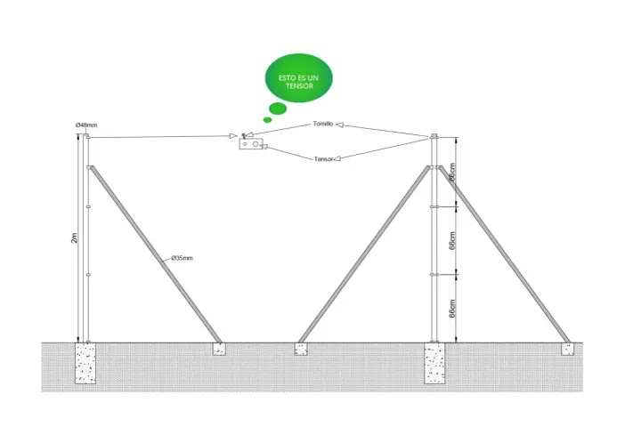 Diagrama de instalación de vallas metálicas con postes de 2m y soportes angulares. Incluye tensor y tornillo.