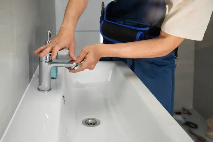 Man con mono azul trabajando para cambiar grifo lavabo. Manos ajustando la base del grifo cromado sobre el lavabo blanco.
